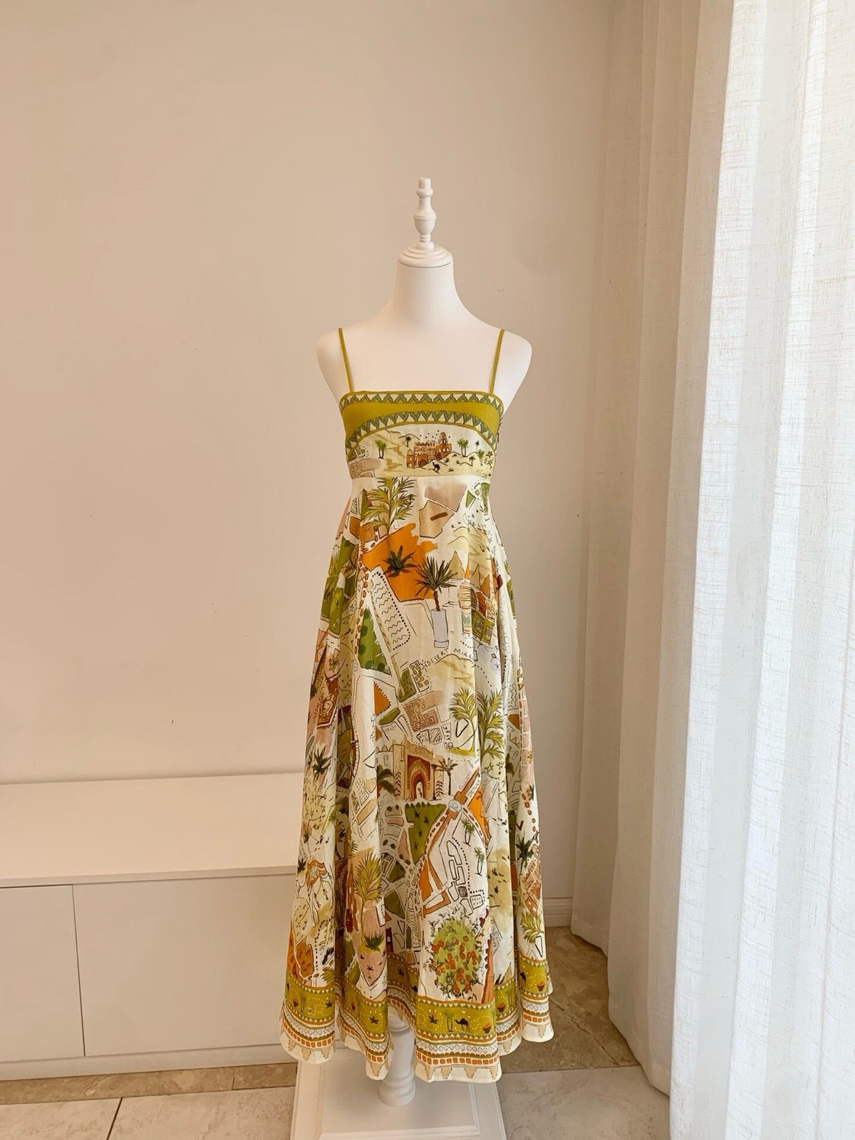 Alemais Linen Mustard Yellow Spaghetti Strap Floral Dress