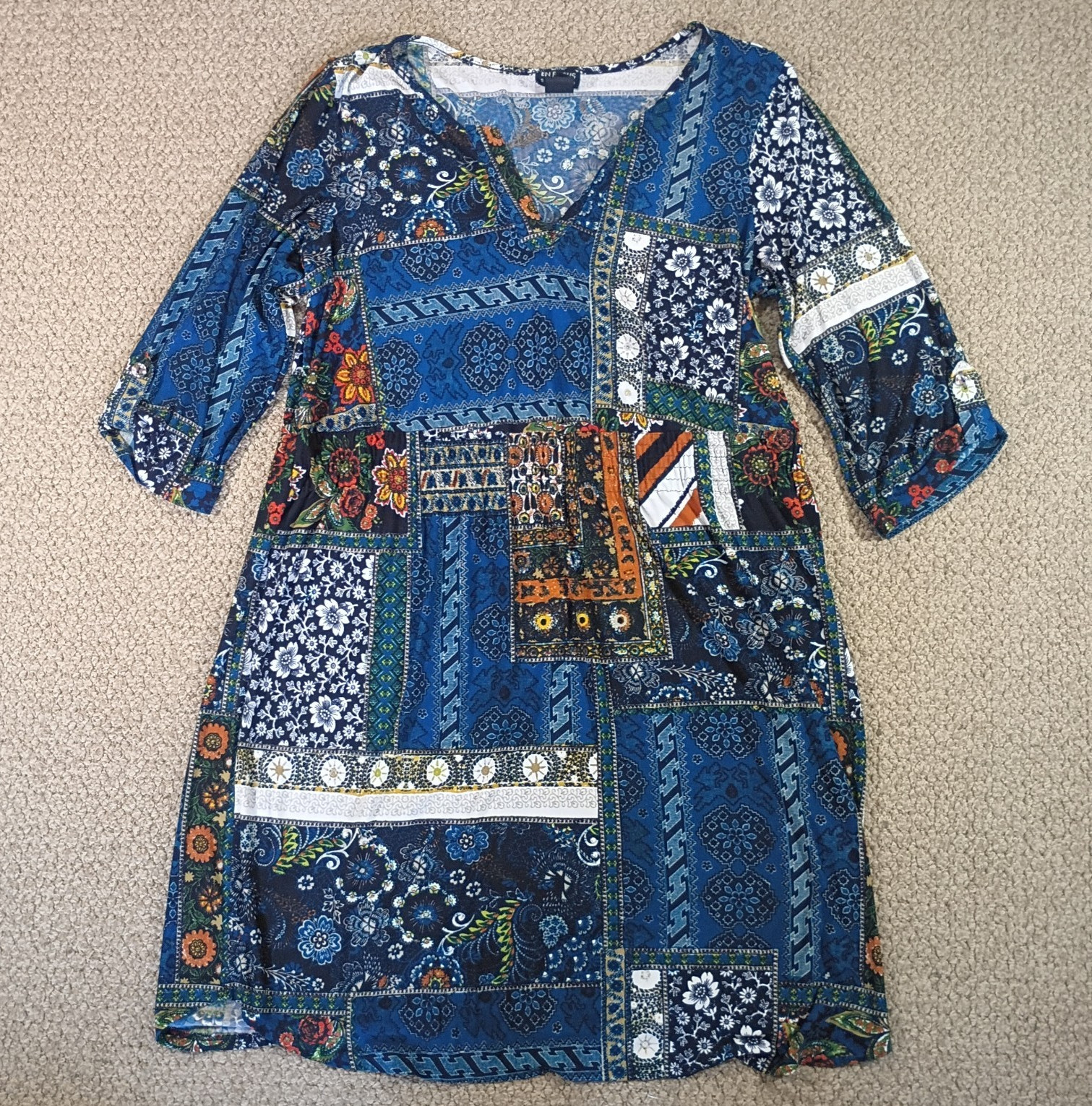 En Focus Studio Womens 8 Blue Patchwork Shift V-Neck 3/4 Sleeve Knee Dress