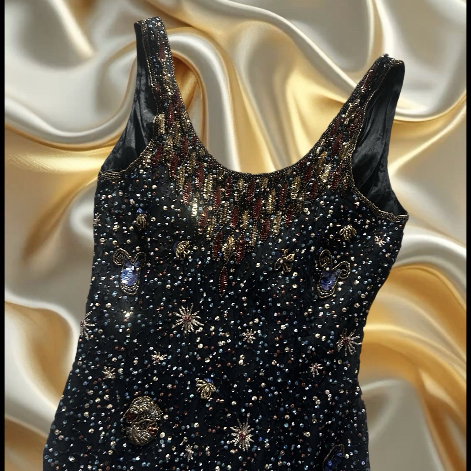 Rare VTG 90s Hand beaded Silk cosmic Celestial Horoscope Zodiac Mini Dress s