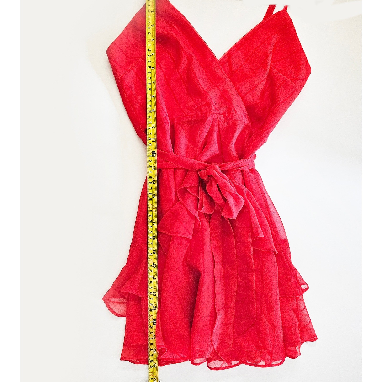 Saints + Secrets Red Ruffle Mini Dress Wrap V-Neck Tie Waist Striped Sleeveless
