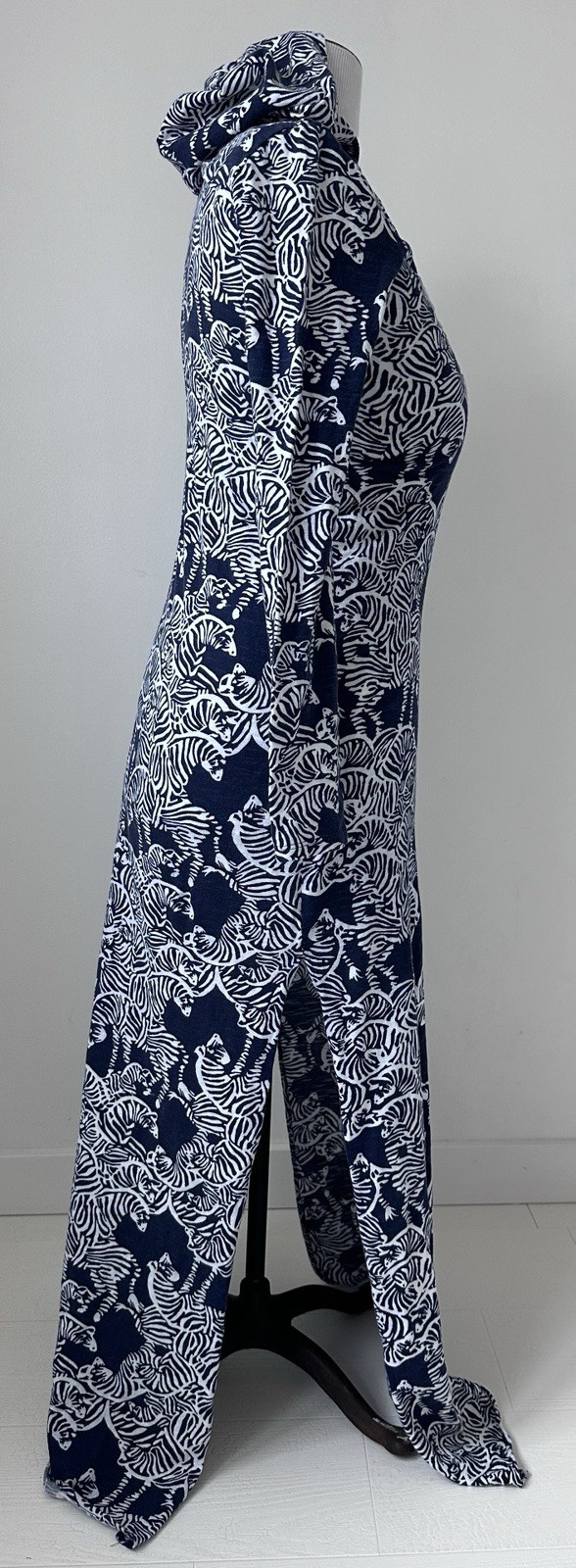 Lilly Pulitzer Zebra Maxi Dress Knit sz S Cotton Hood Side Slits Long Slv Appliq