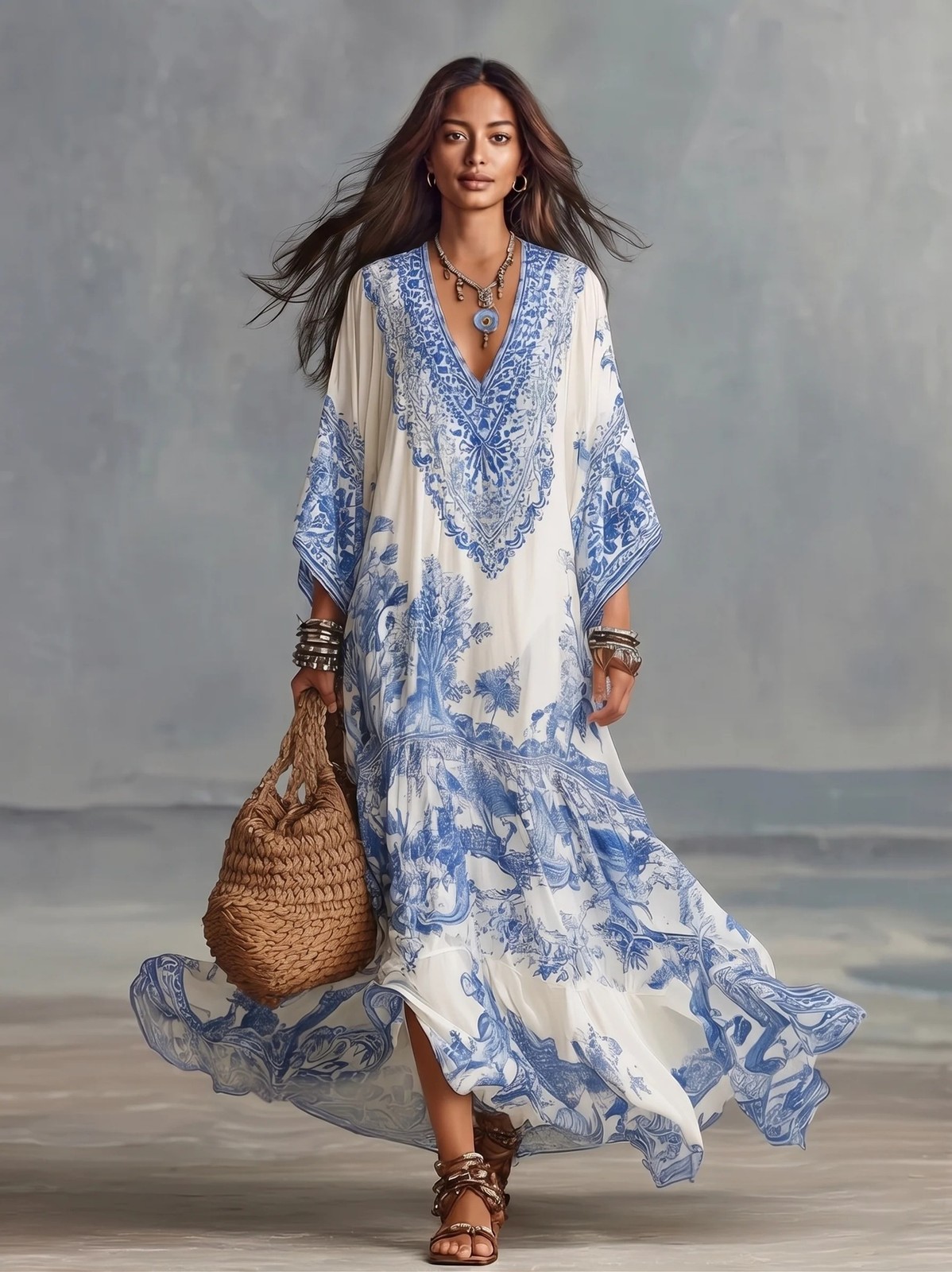 Printed V Neck Batwing Sleeve Bohemian Maxi Dress