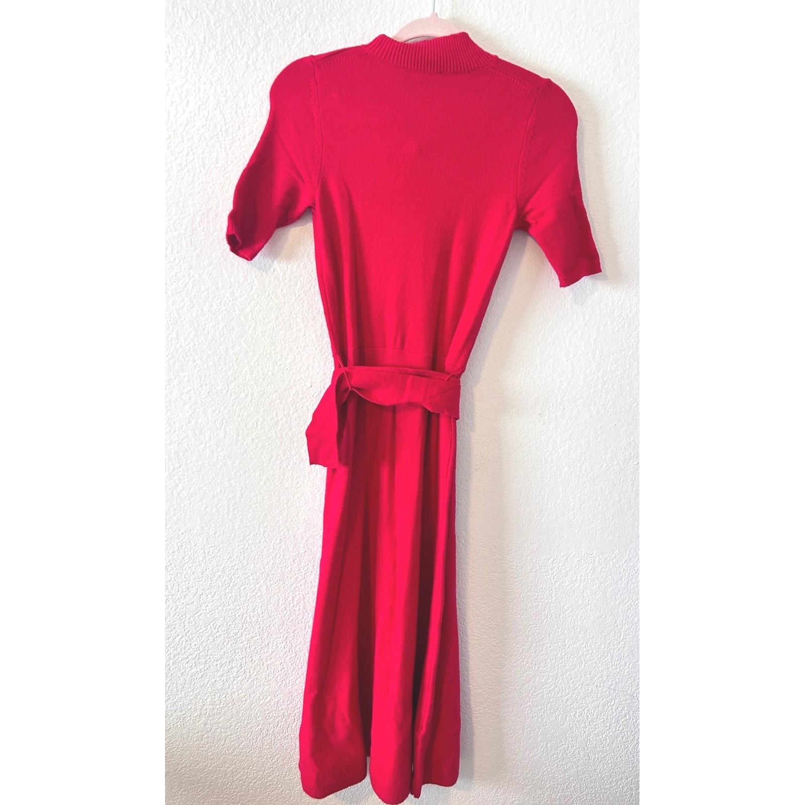 Ann Taylor Red Mock Neck Short Sleeve Knit Midi Dress With Belt Size XS
