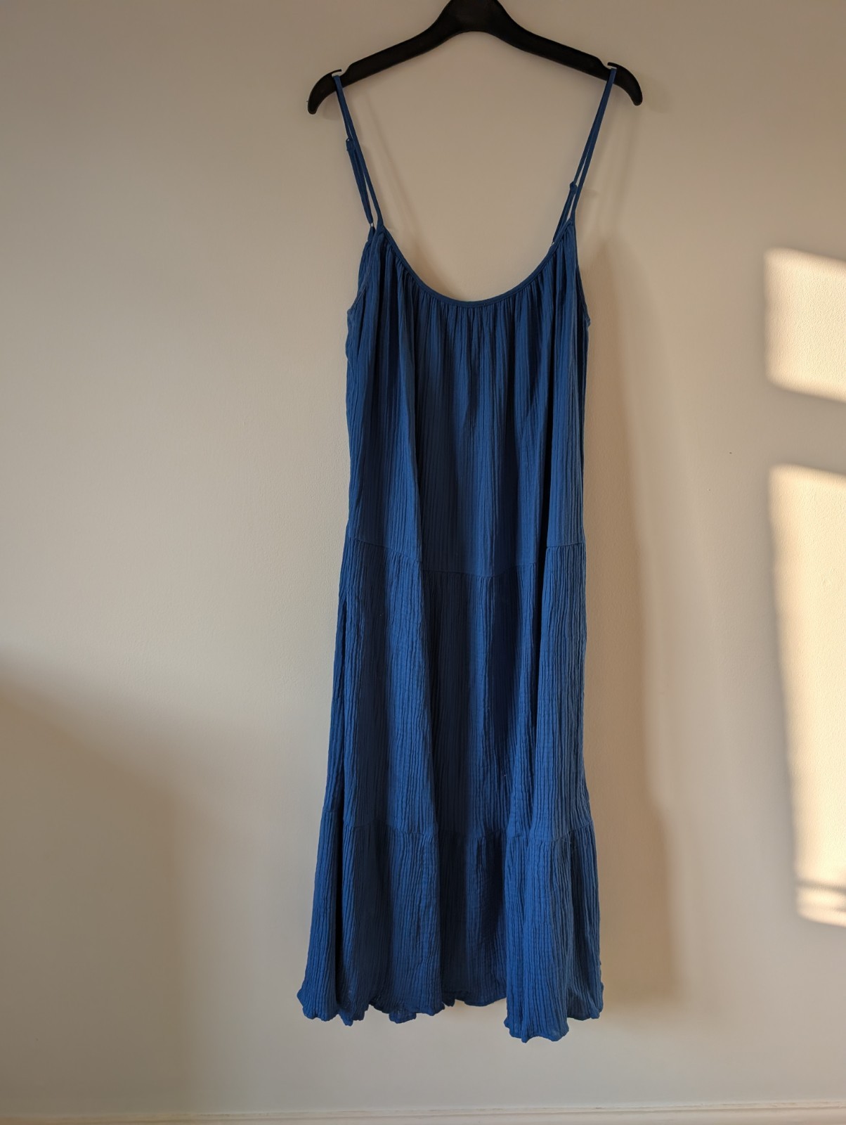 H&M Blue Crinkle Textured Tiered Midi Cami Dress Adjustable Straps Size L