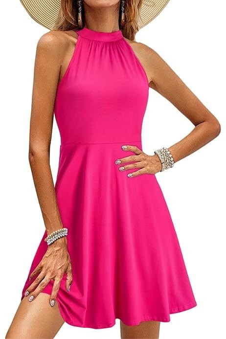 NWT Ouges Halter PinkDress Women L Tie Neck Mini Stretch Fit & Flare Beach Party