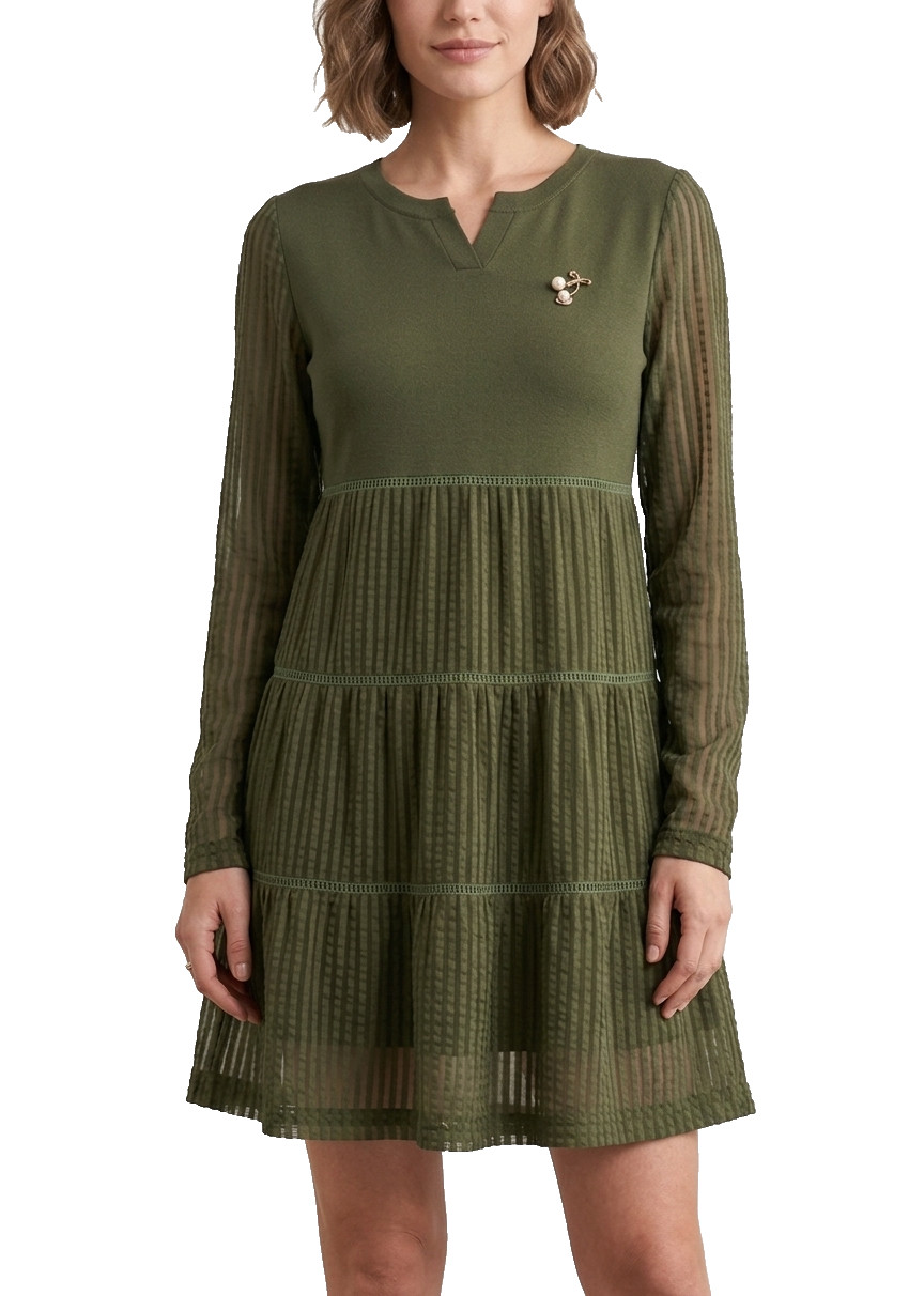 Olive Green | M | Polyester Elastane | Tiered Lace Mesh Sleeve Tunic Dress