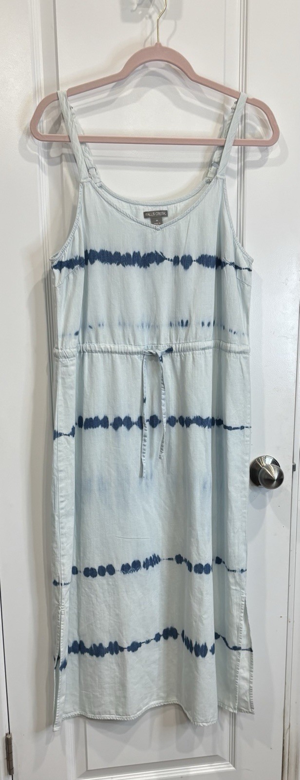 FALLS CREEK TieDye Maxi Dress M Sleeveless Strappy Drawstring Waist Coastal Boho