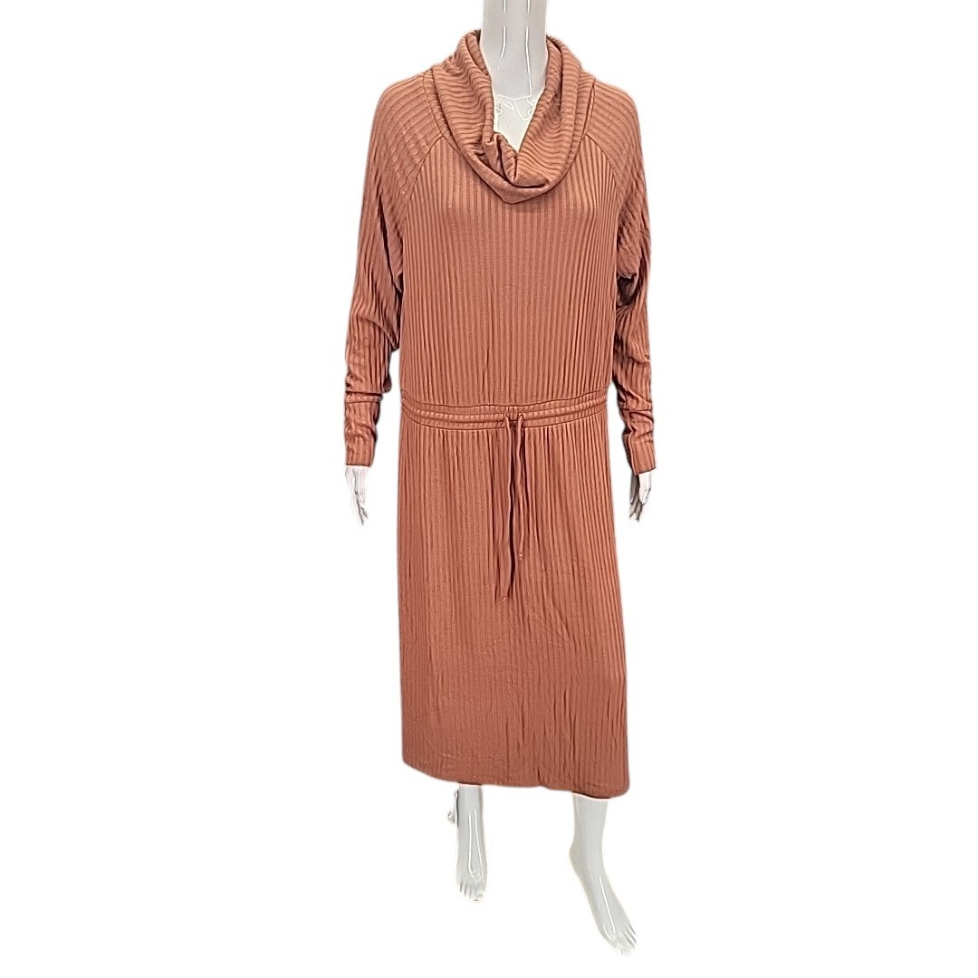 AnyBody Womens Rib Knit Cowl Neck Midi Dress Large Size Dark Maple Long Sleeves