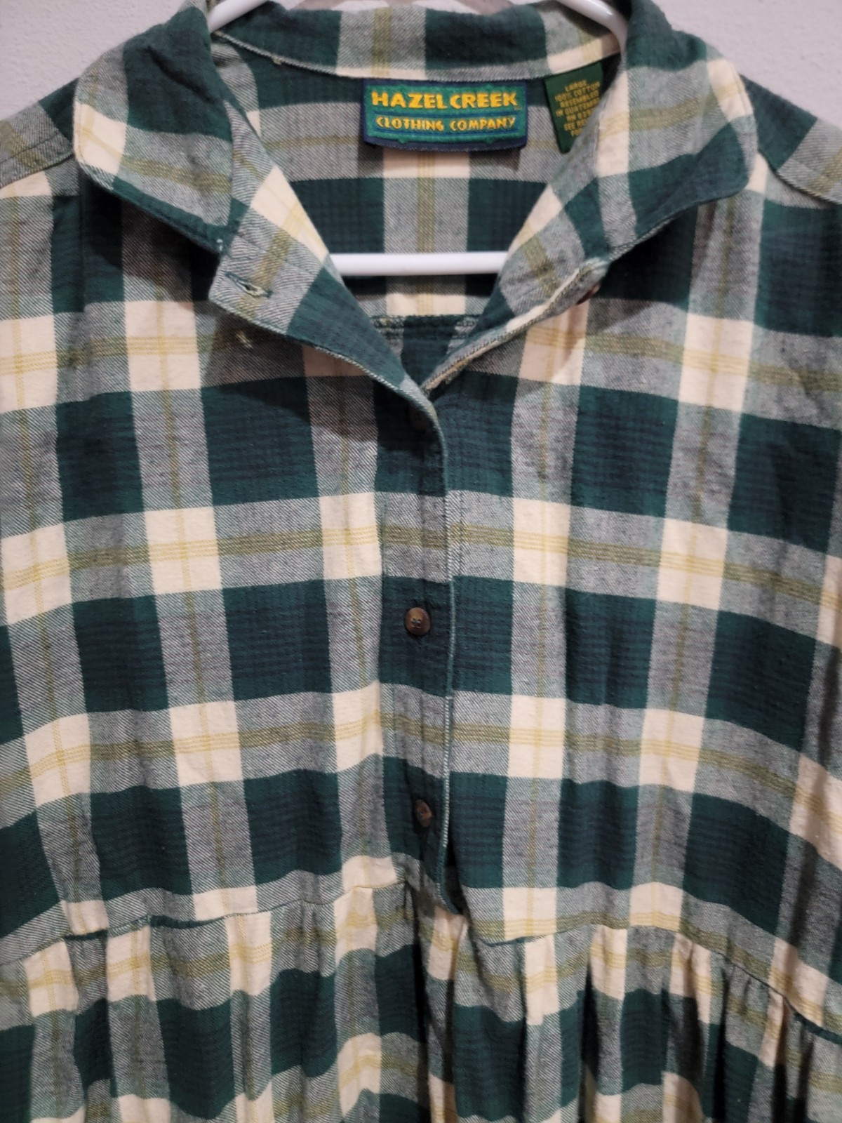 Hazel Creek Maxi Dress green plaid Soft flannel long sleeves Vintage Sz. L