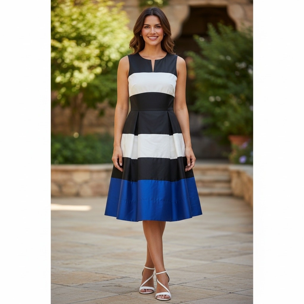 Kate Spade Corley Dress 2 Silk Cotton Colorblock Fit Flare Blue Black White