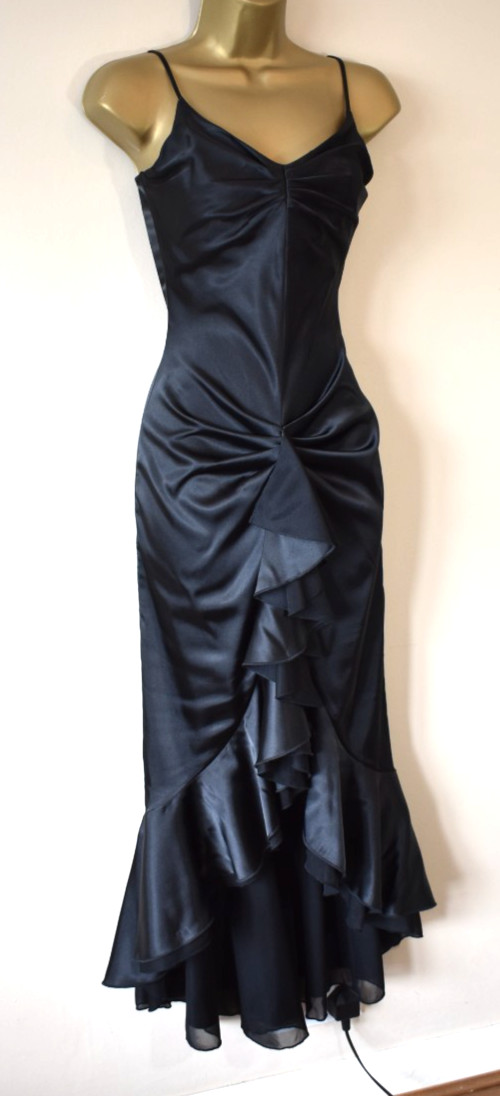 Y2K Vintage YVE LONDON Black Satin Ruffle Mermaid Maxi Dress S Cruise Party Prom