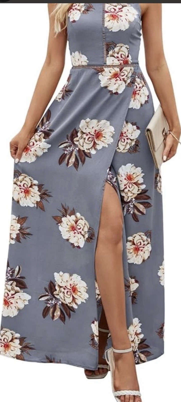 Zesica Halter Maxi Dress Women’s Sm Gray Floral Front Slit Beach Boho Summer EUC