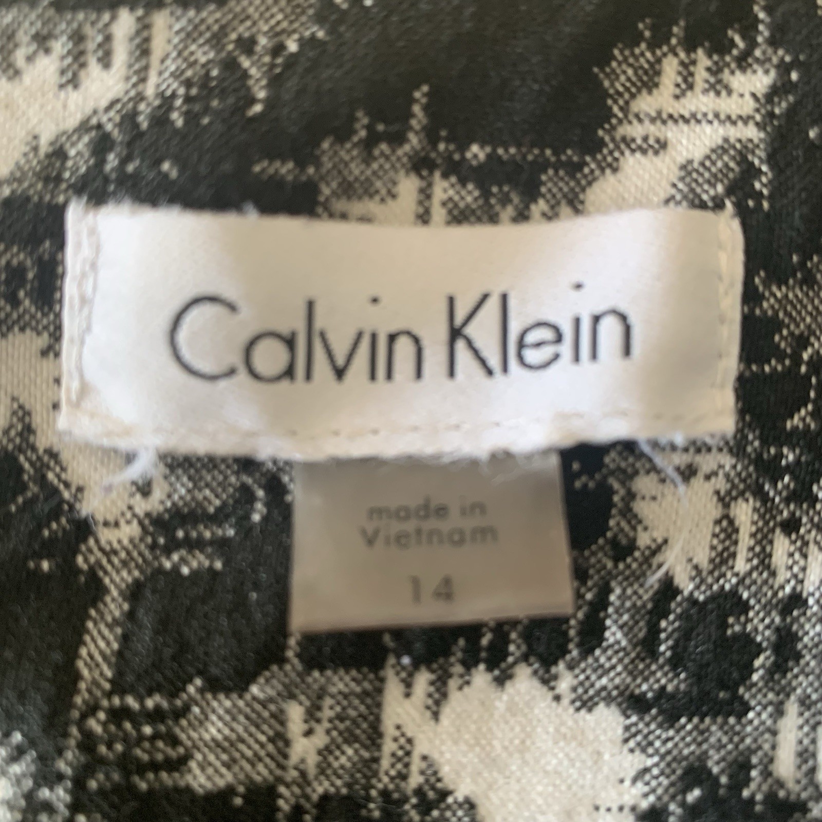Calvin Klein Size 14 Black White Abstract Jacquard Sheath Dress Gold Zipper