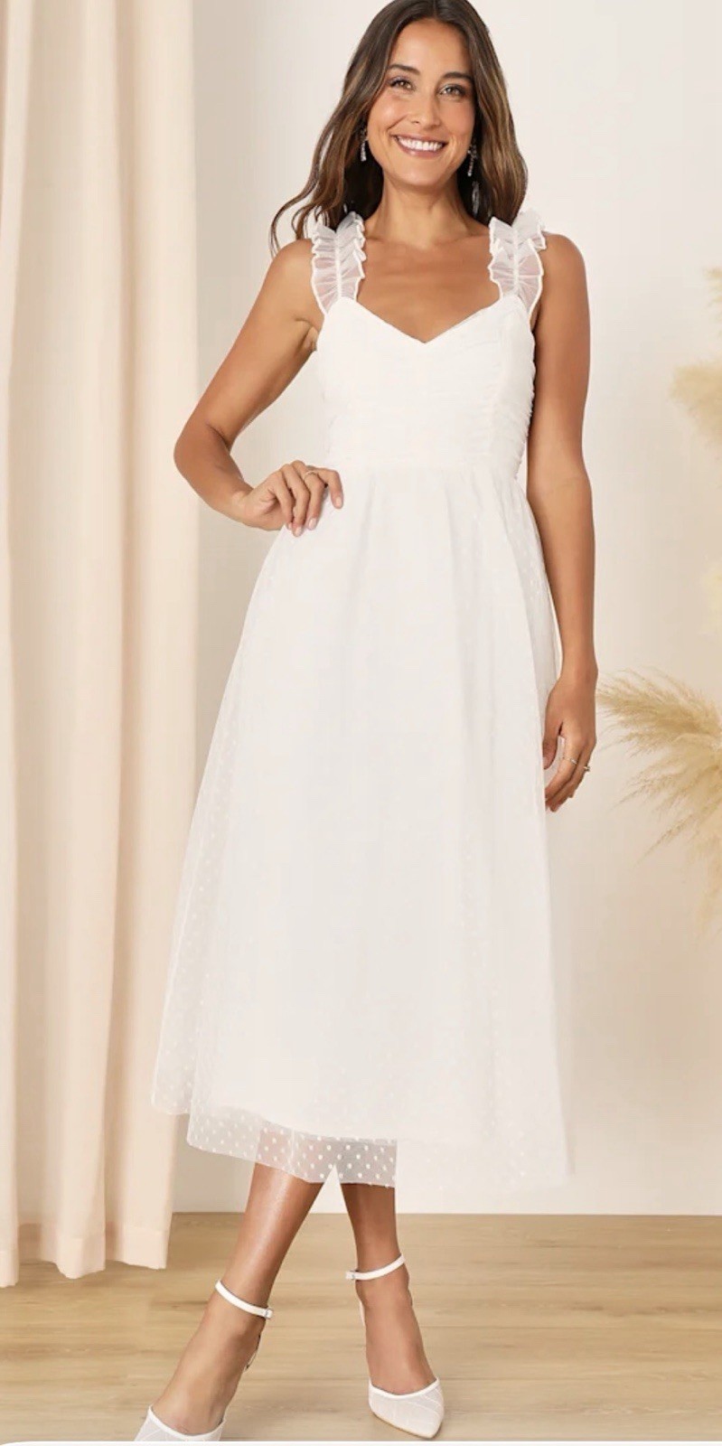Lulus WomensForever Celebrated White Swiss Dot Ruched Tulle Midi Dress Small NWT