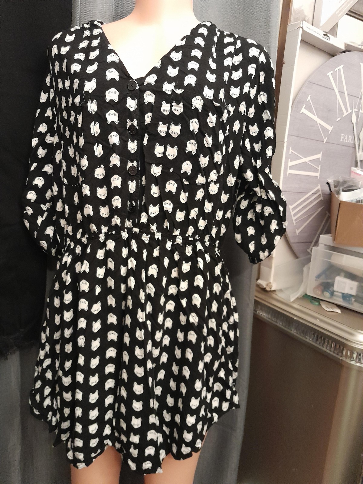 Mimi Chica Dress Womens 2X Black Cat Print Fit & Flare 3/4 Sleeve Short Casual