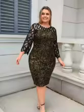 Party Dress Plus Size Ladies Midi Sequin Mesh Long Sleeve Lace Elegant Bodycon L