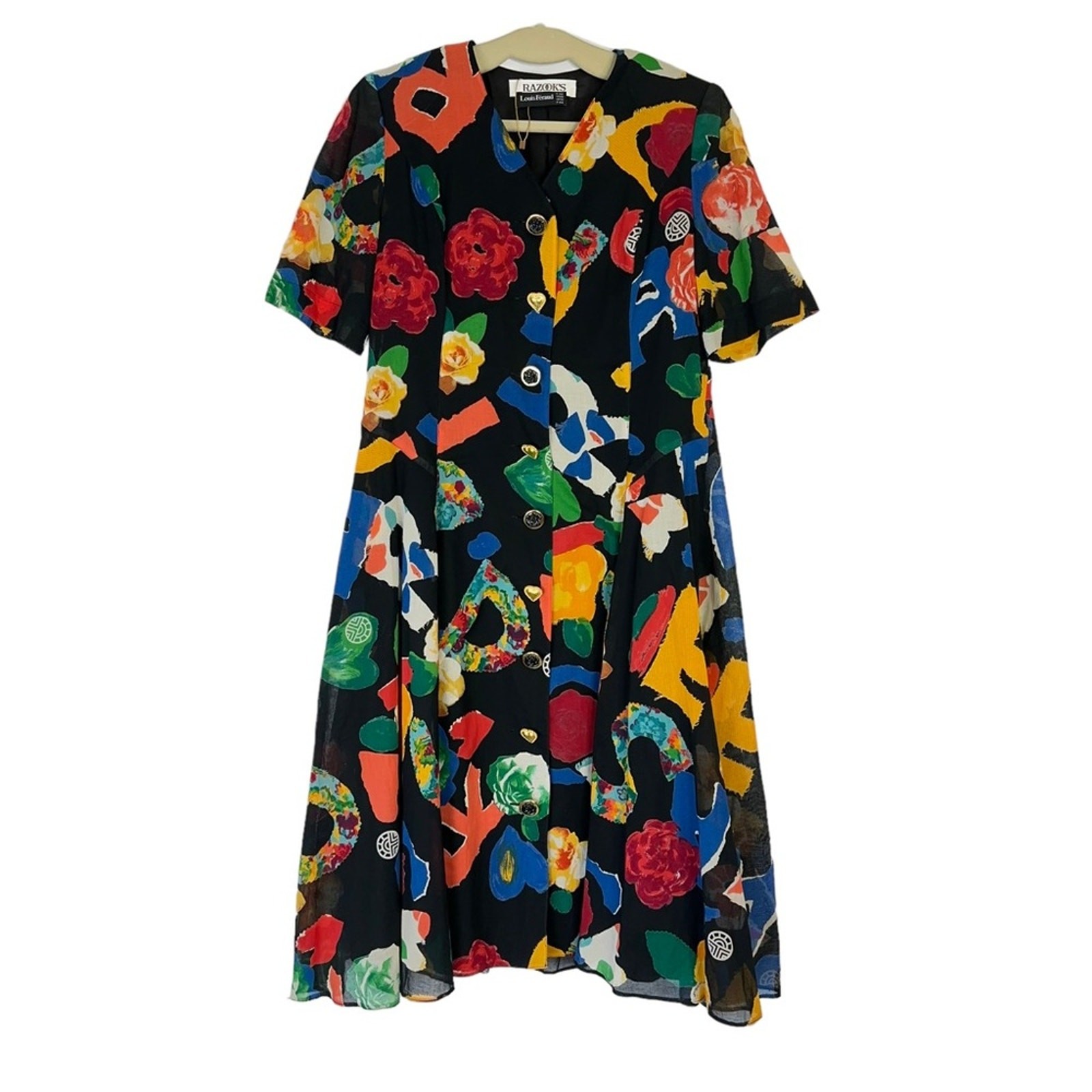VTG 80s Louis Féraud Block Letter Abstract Floral Dress 100% Cotton Buttons
