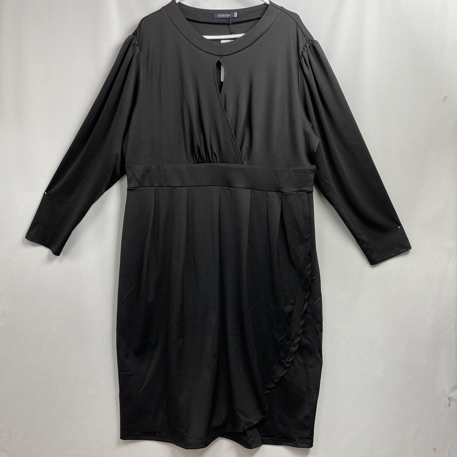 KoJooin Dress Womens Sz 3XL Faux Wrap Sheath Puff Sleeve Keyhole neck Black New