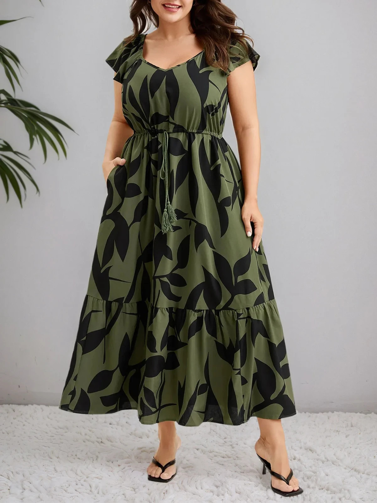 Floral Flutter-Sleeve Drawstring-Waist Maxi Midi Slimming Dress (XL, 2XL, 3XL)
