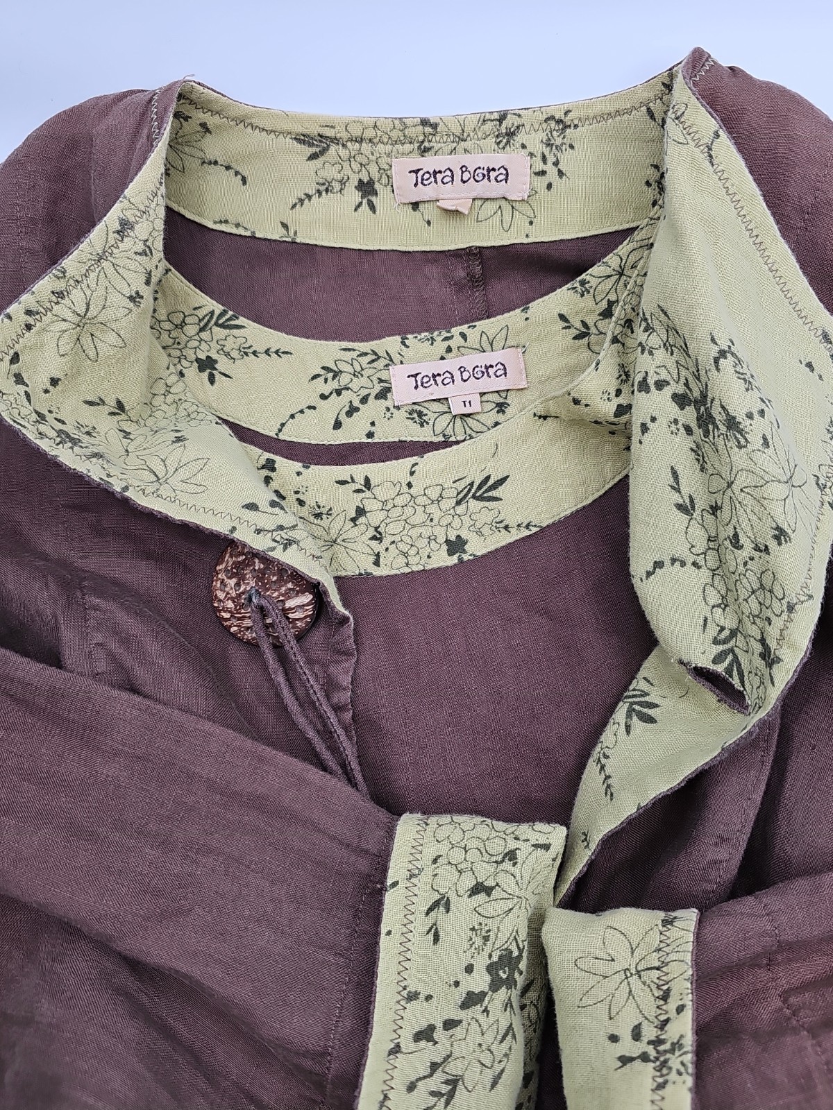 Tera Bora 2 Pc Boho Lagenlook Brown Green Linen Blend Dress Jacket Set T1