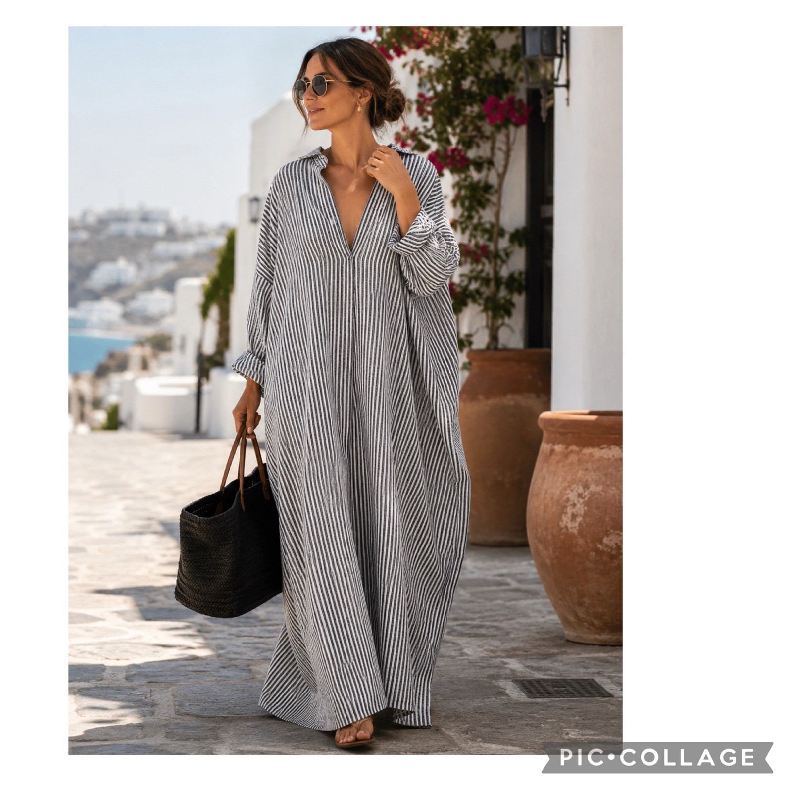 Chouyatou Striped Cotton Oversized Caftan Maxi Shirt Dress L