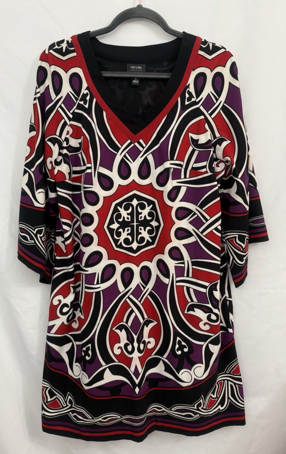 Nicole by Nicole Miller Dress Medallion Bandana Pattern 3/4 Sleeve Womens Sz 14