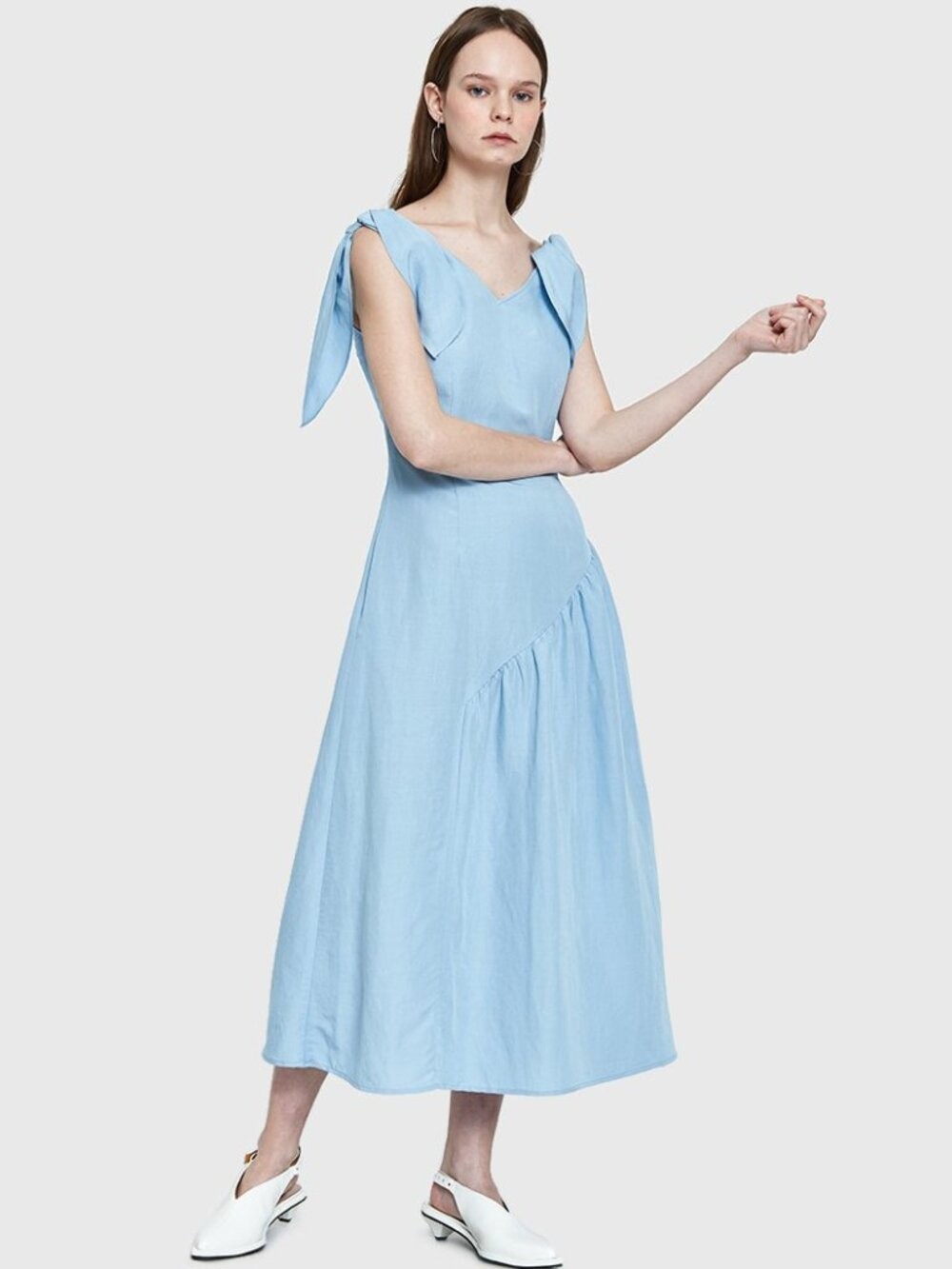 Rejina Pyo Coquette, Cottagecore, Lily light blue Bow-tie sleeve midi dress, 6