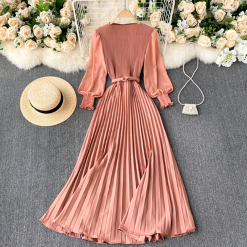 Women Pleated Long Dress Elegant Long Puff Sleeve High Waist Evening Party Dress