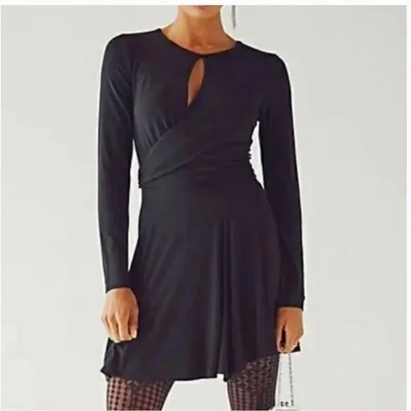 Free People Beach Womens Vance Black Wrap Mini Dress S Gathered Long Sleeve Knit