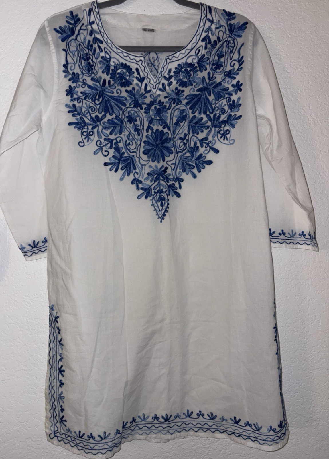 White Blue Embroidered Tunic India Sundress Cover Up Long Sleeve SIZE UNKNOWN