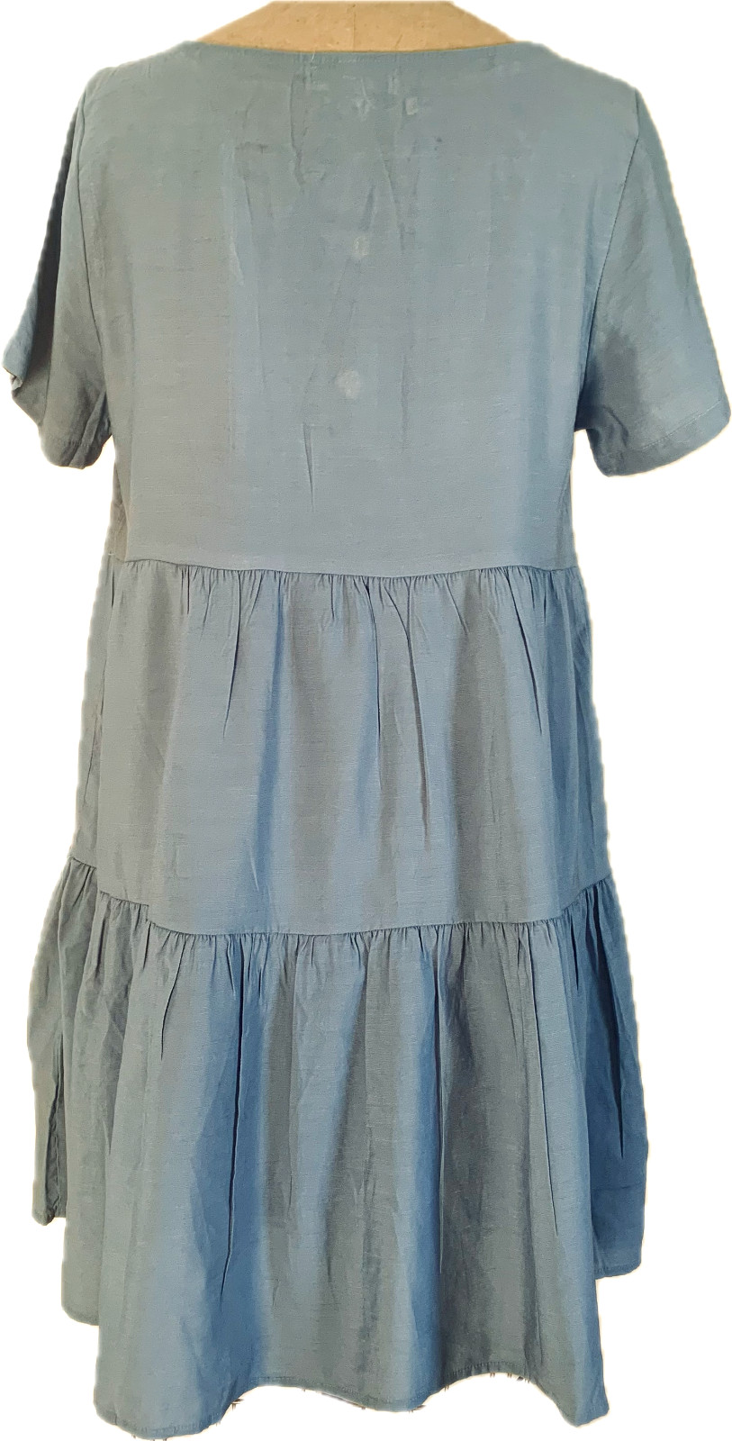 C+D+M Tiered Babydoll Dress L Blue Gray Button Front Midi Cottagecore Soft Boho