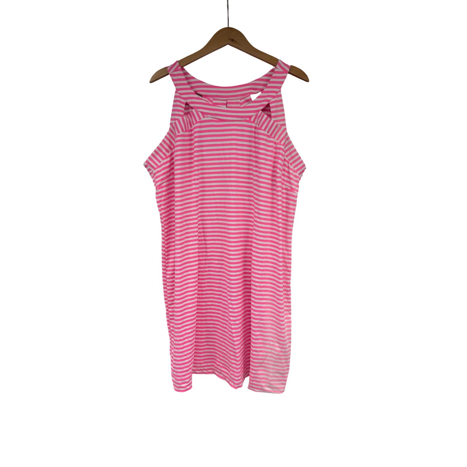 Lulu-B Pink White Striped Sleeveless Cage Neck Shift Resort Dress XL UPF 50