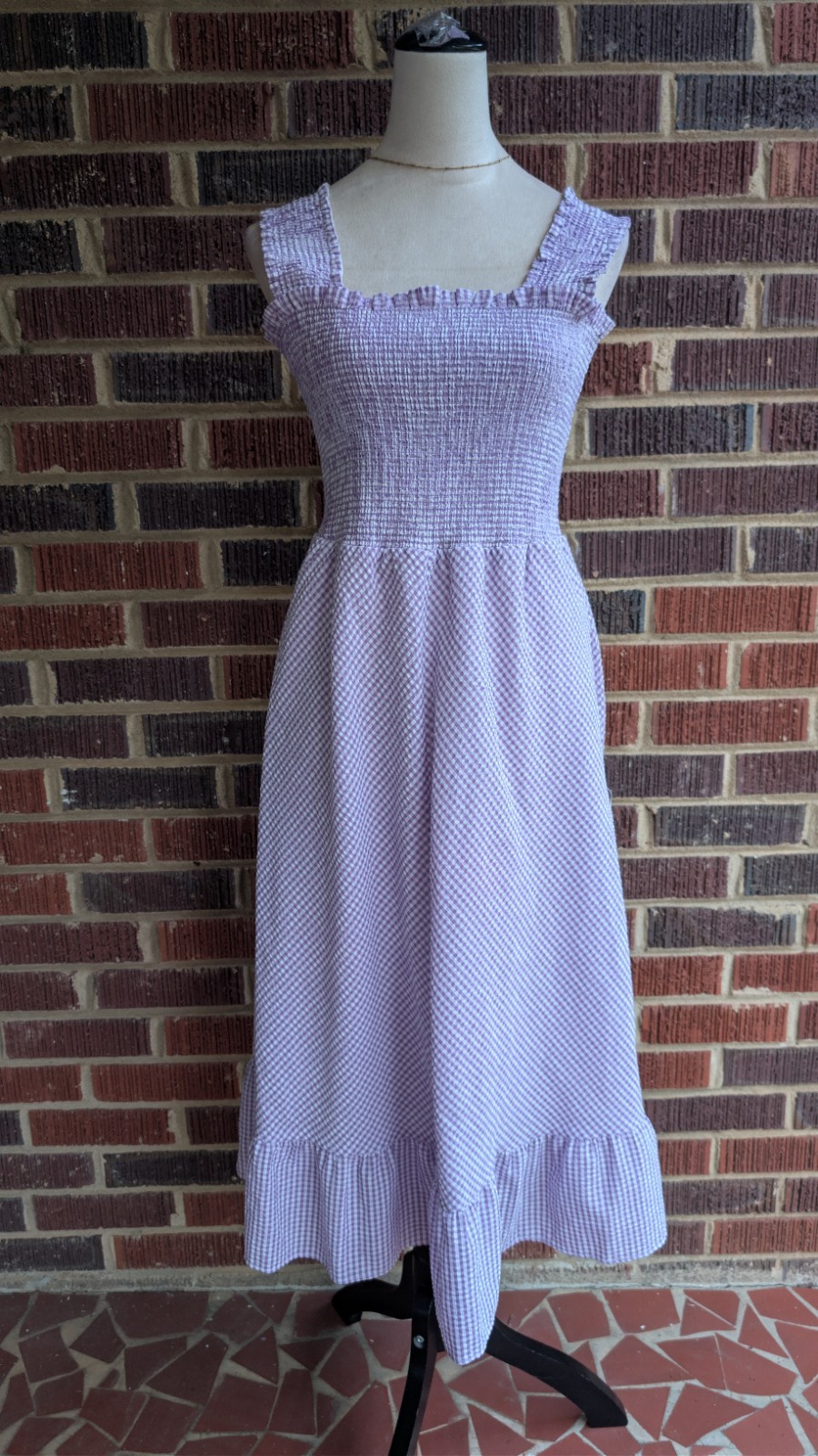 Eliza J Lavender Gingham Smocked Midi Dress Pockets Sleeveless Women’s Sz 8 NWOT