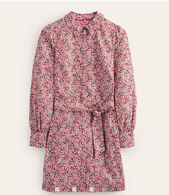 Boden Womens Dress Red Mini Floral Shirtdress Waist Tie Long Sleeve Boho Size 8L