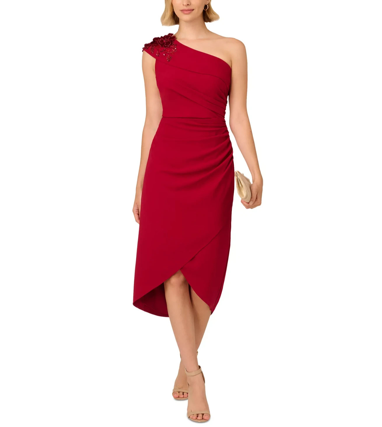 Adrianna Papell Beaded-Shoulder Ruched-Side Dress MSRP $249