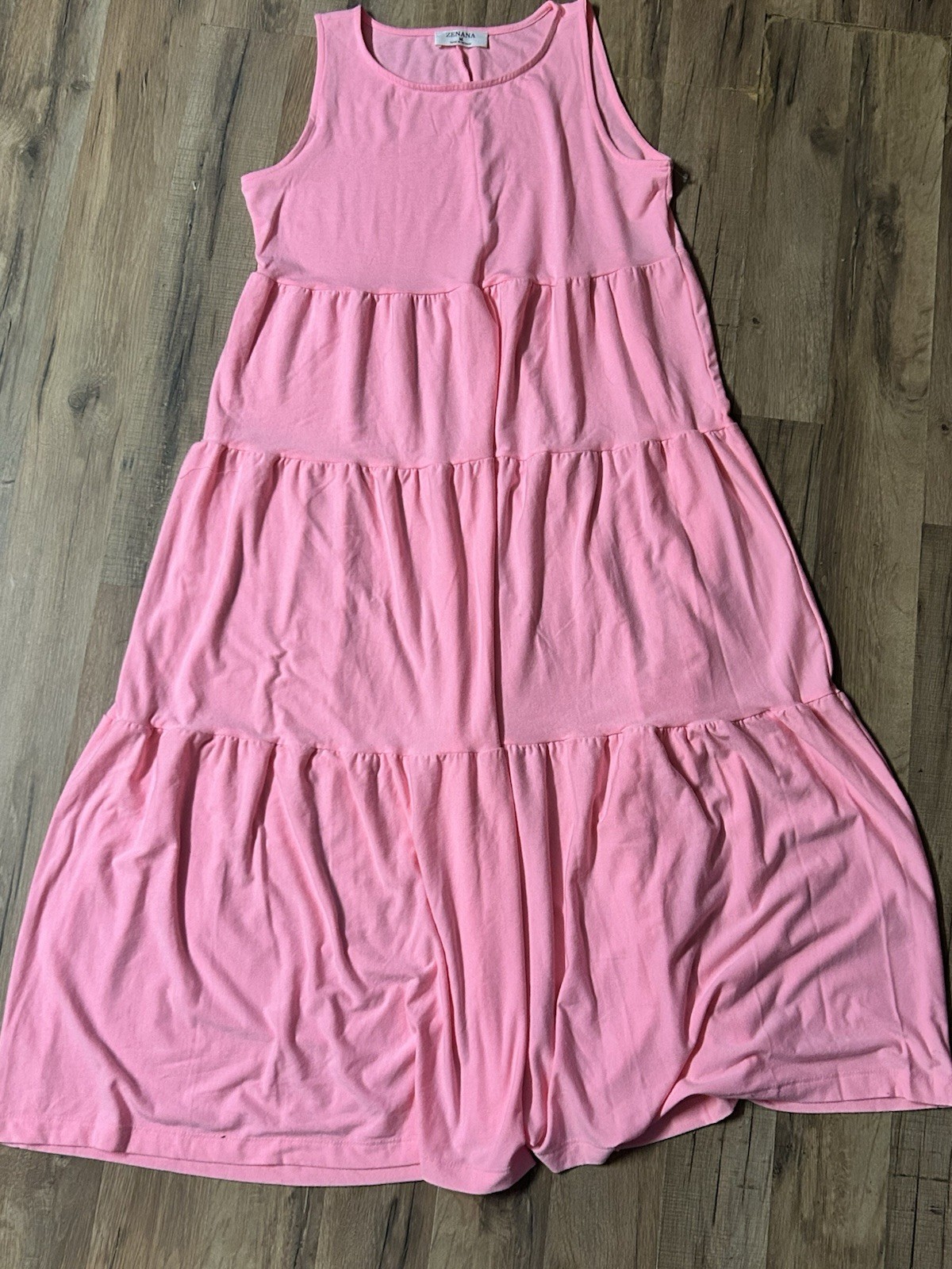 Zenana Dress Womens Size M Round Neck Sleeveless Ruffle Tiered Casual Pink Maxi