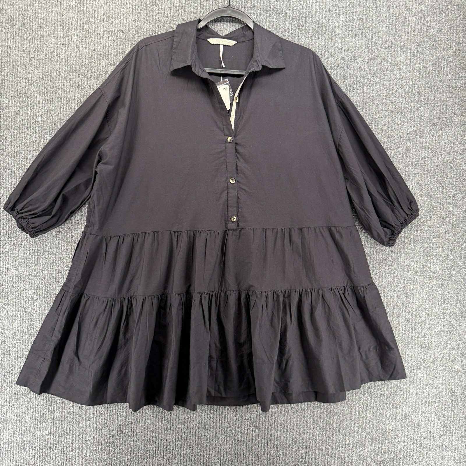 Free People Dress Womens XS Black Collared Babydoll Mini Oversize Boho Cottage