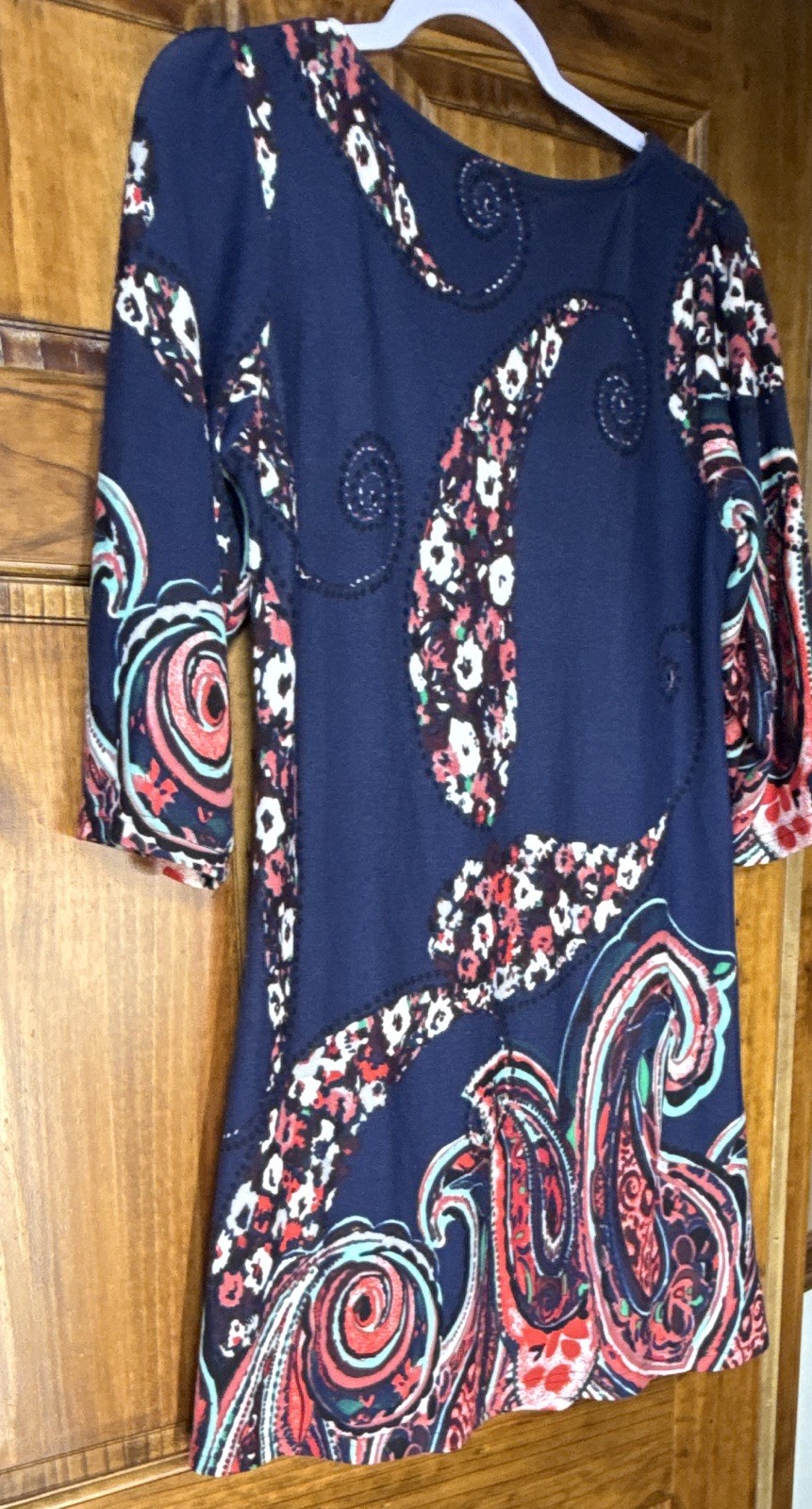 Reborn XL Navy Paisley Knit Fit & Flare Dress Pleated Scoop Neck 3/4 Sleeve knee