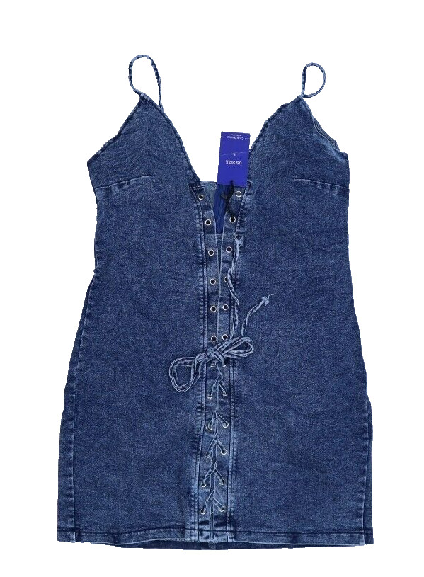 Chouyatou Sexy Spaghetti Strap Lace Up Party Club Mini Sun Dress Denim Womens L