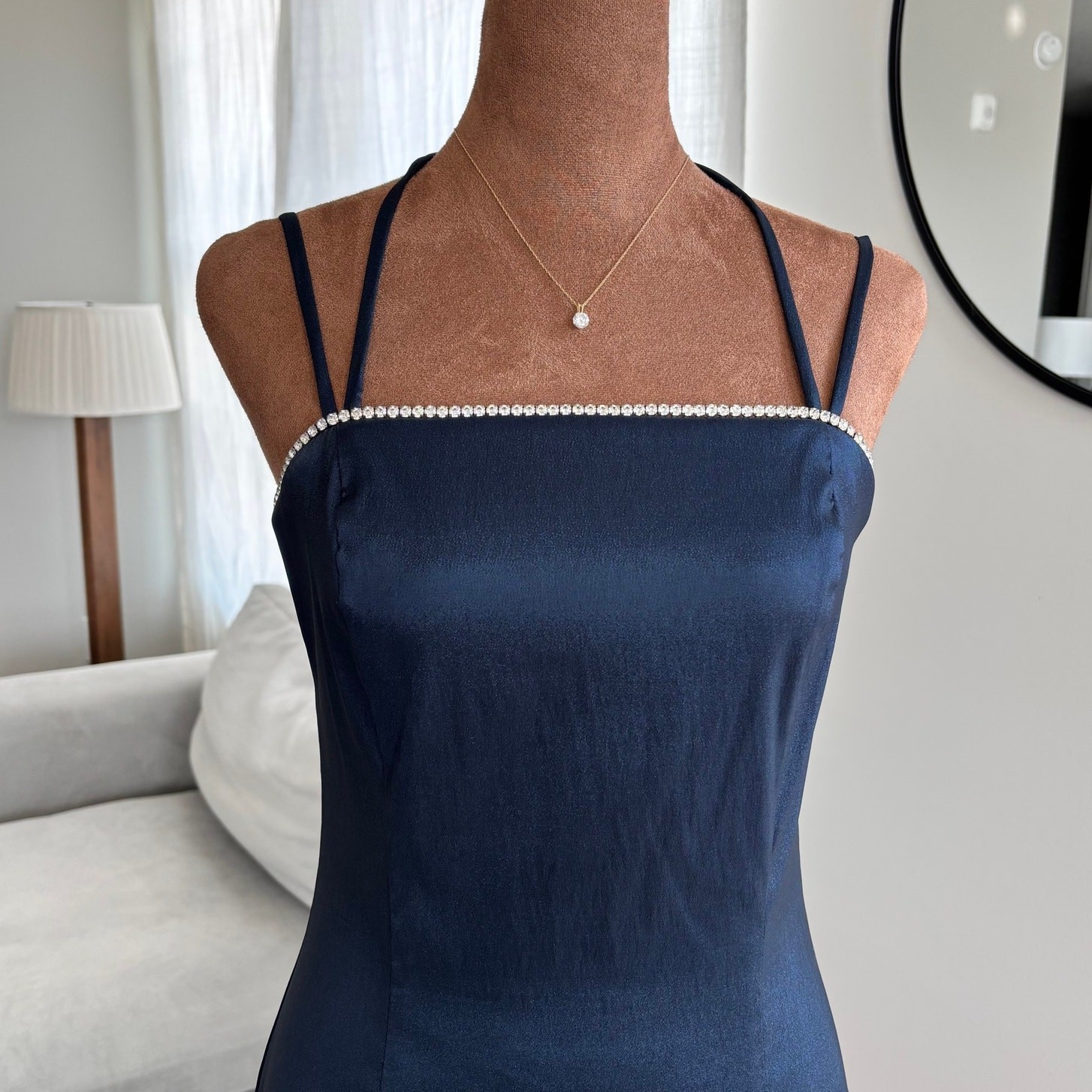 90s Vintage City Triangles Shimmer Satin Blue Dress Rhinestone Neckline Size 5