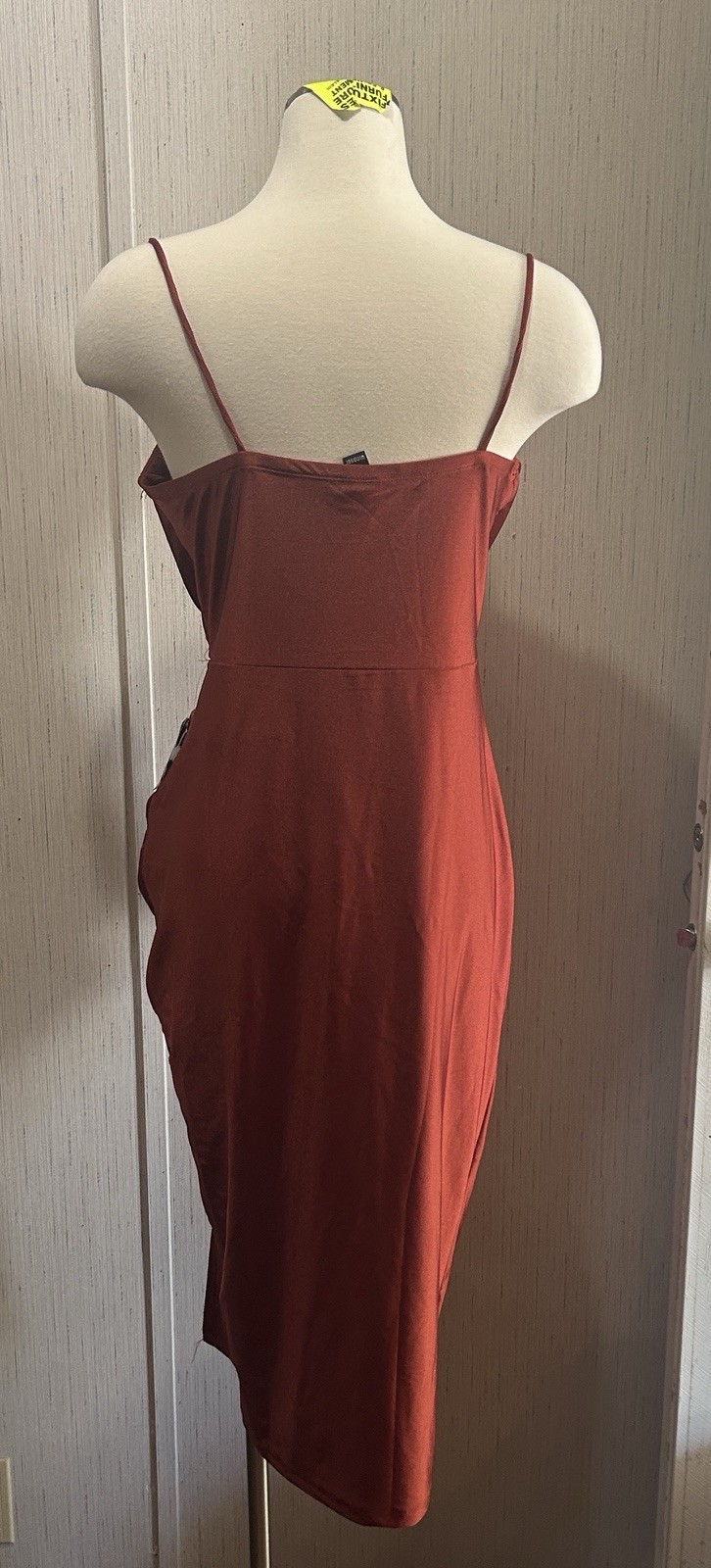 Windsor Rust Satin Cowl Neck Ruched Side Slit Strappy Midi Bodycon XL