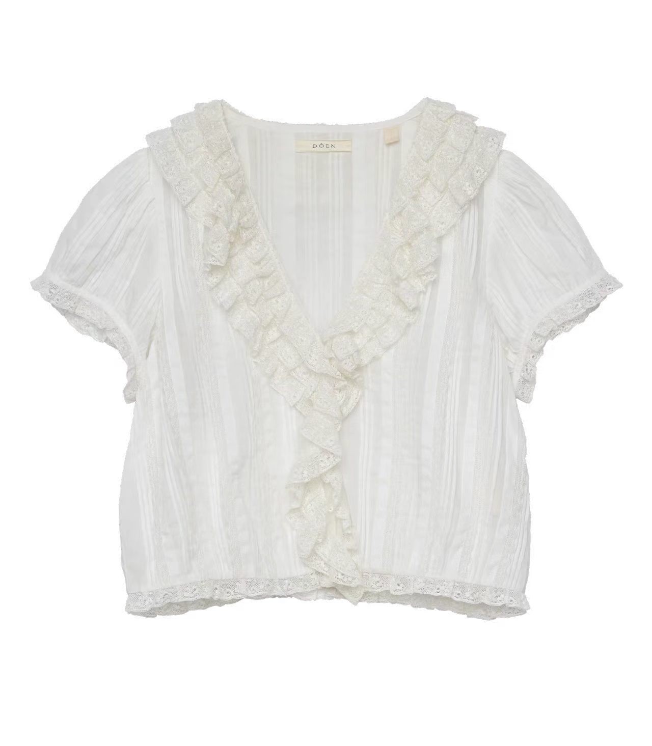 Doen Lace embroidery half skirt long skirt ruffle edge short sleeved shirt