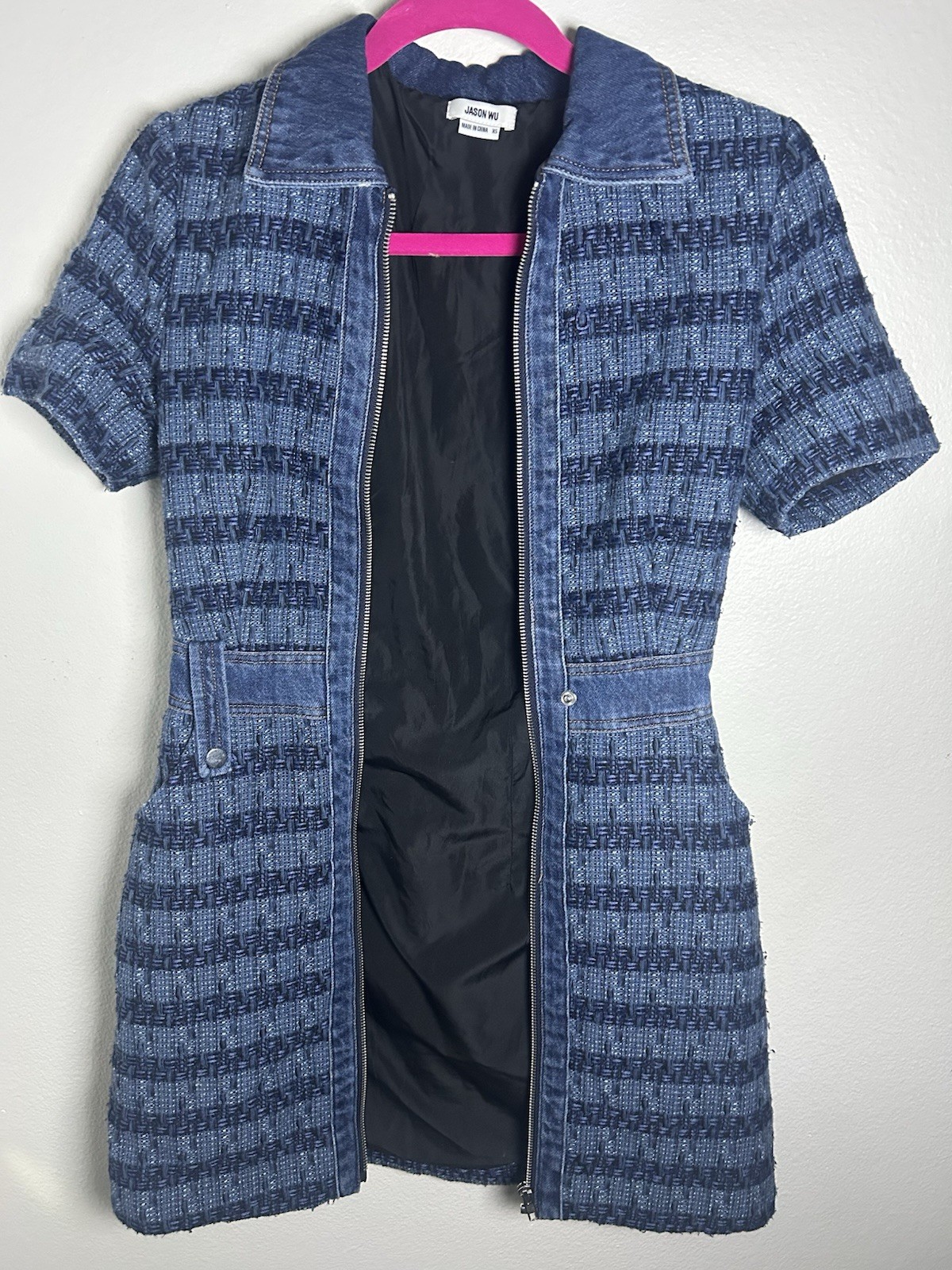 Jason Wu Blue Striped Denim Zip Front Collared Short Sleeve Mini Dress XS