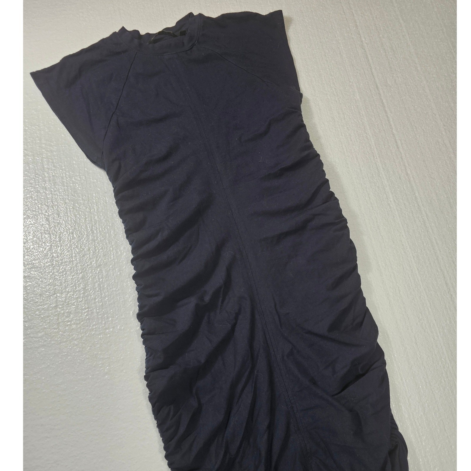 Athleta Presidio Ruched Dress Navy Blue Short Sleeve Midi Small Bodycon Raglan