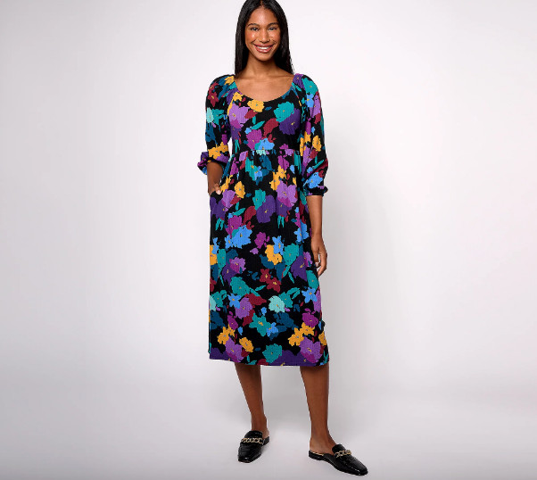AnyBody Regular Daydreamer Knit Printed Dress with Smocking , Blk Sz XS a619747