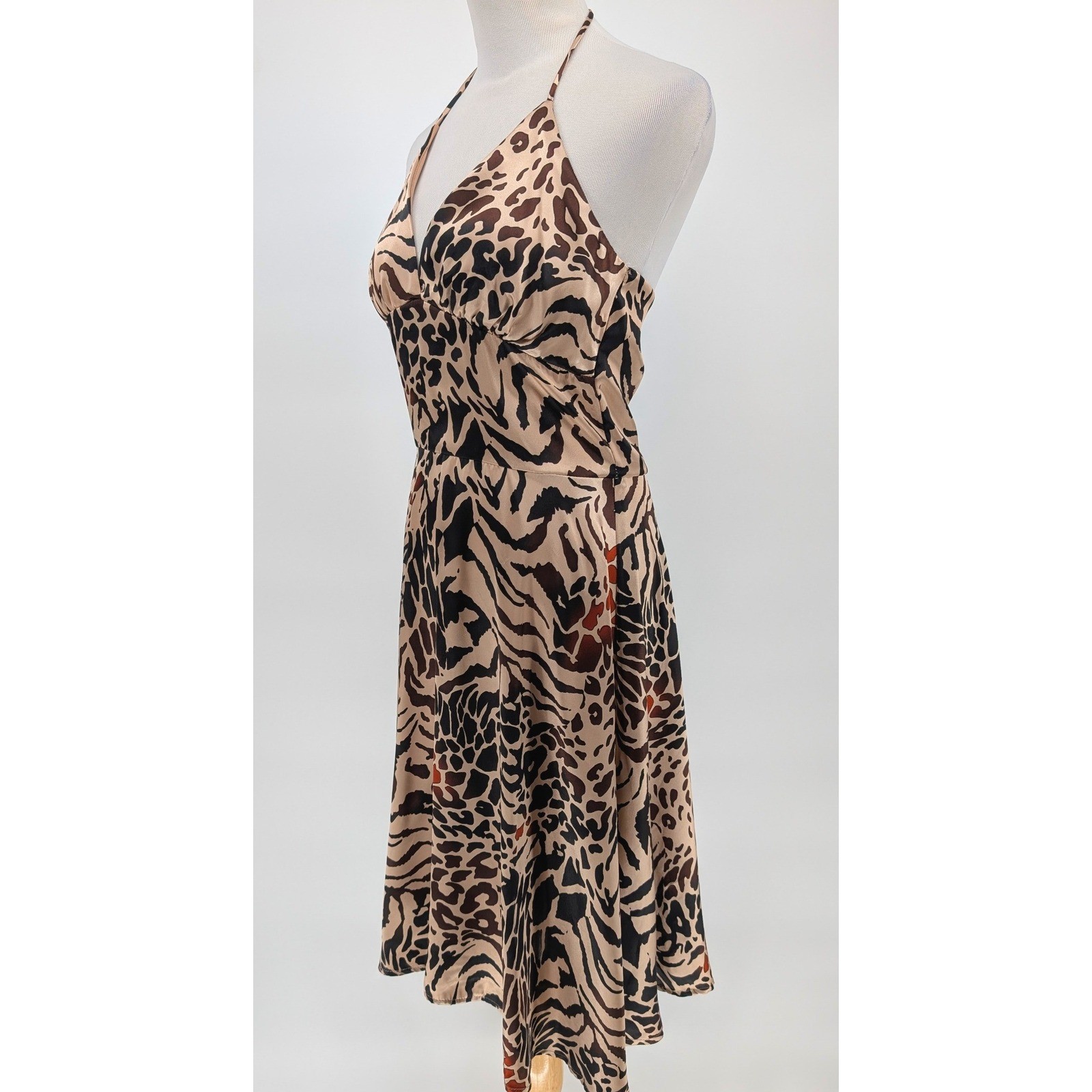 Charlotte Russe Animal Print Satin Babydoll Halter Dress M Brown Y2K Indie Glam