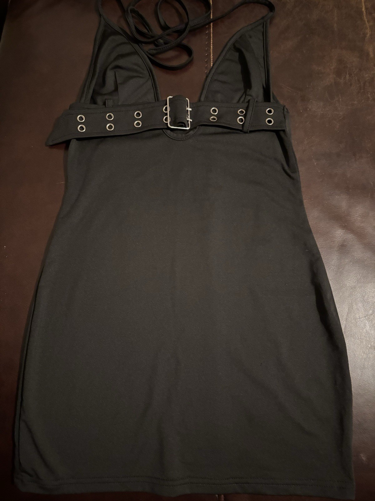 Basic Black Tie Neck Halter Mini Dress With Buckle Size Small