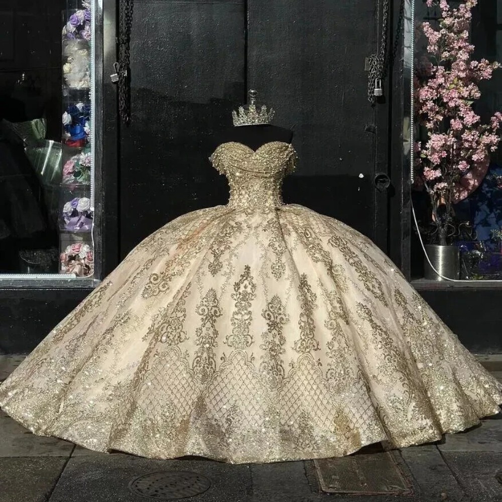 Champagne Sparkly Beaded Quinceanera Dresses Off Shoulder Applique Princess Prom