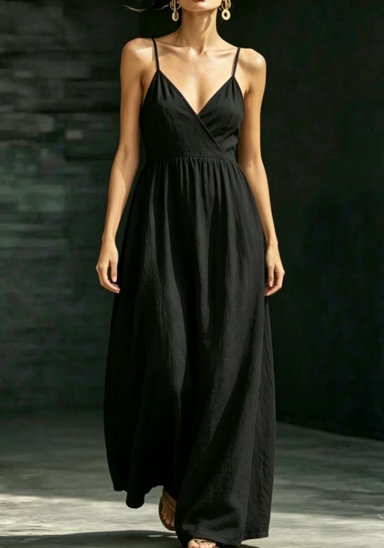 Women’s V-Neck Spaghetti Strap Maxi Dress Elegant A-Line Dress with Pockets