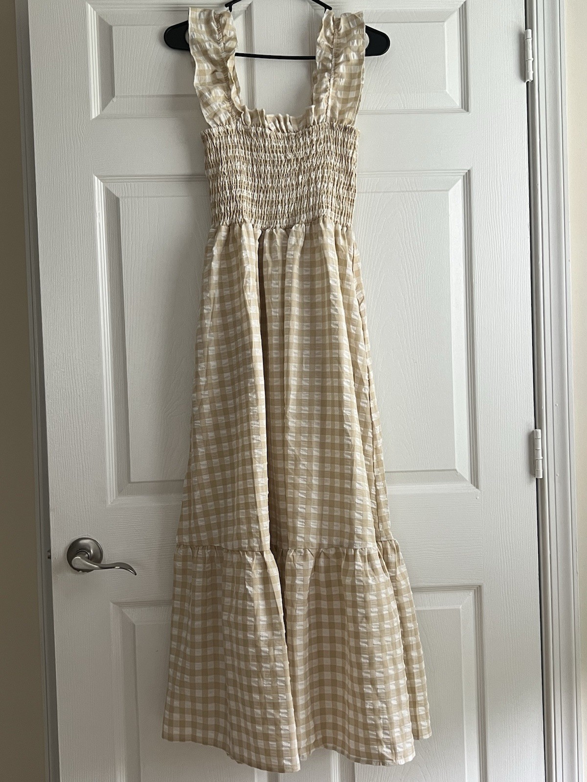 Chouyatou Tan & White Gingham Cottagecore Smocked Shirred Maxi Dress Medium
